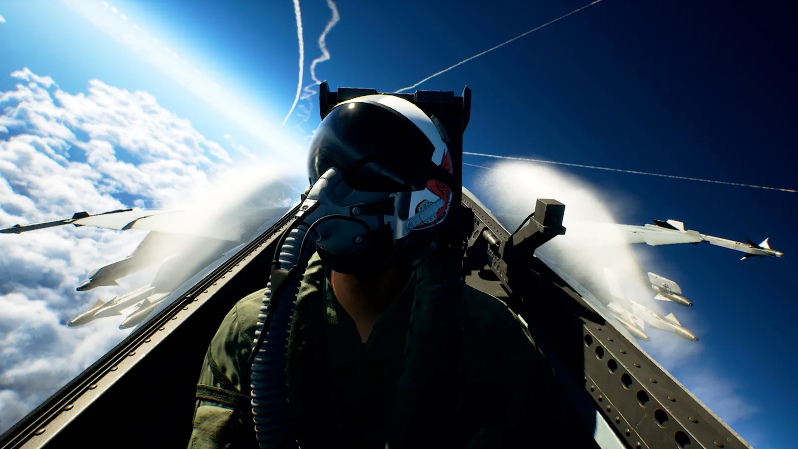 Helmeted pilot in a fighter cockpit, with aircraft and clouds beyond the canopy