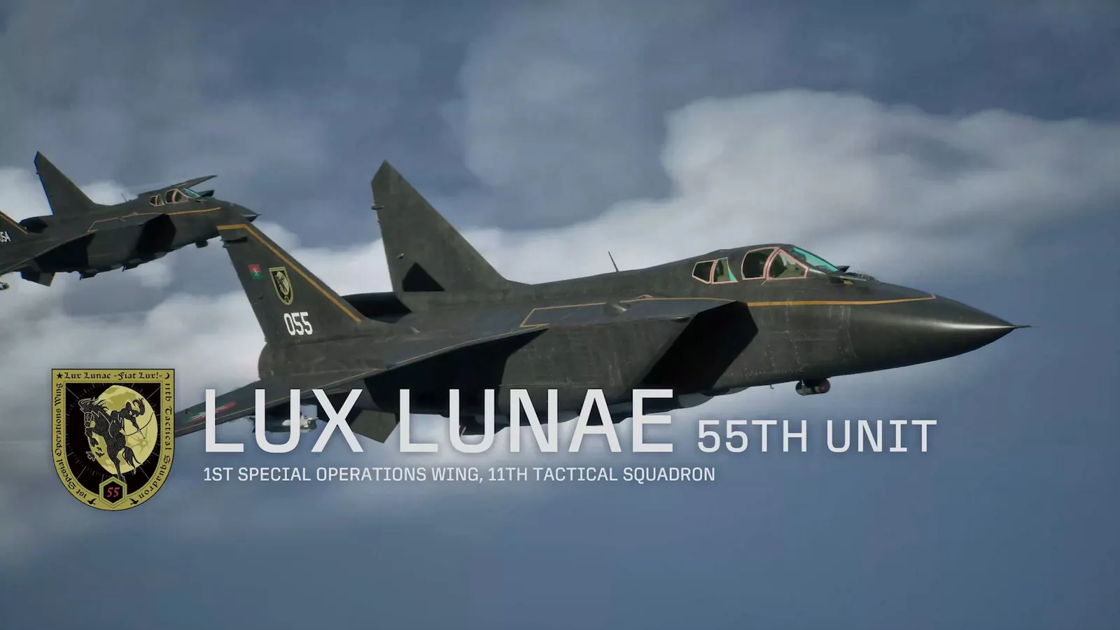 Dark fighter aircraft in an in-game squadron introduction