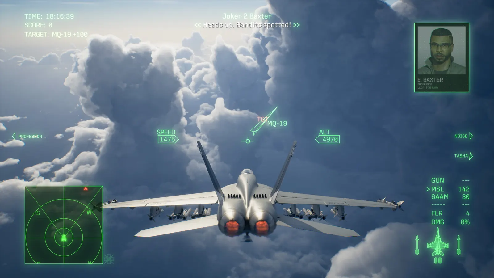 Third-person fighter gameplay with target labels and a flight HUD above clouds